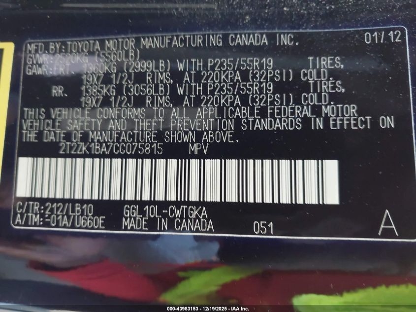 2012 Lexus Rx 350 VIN: 2T2ZK1BA7CC075815 Lot: 43983153