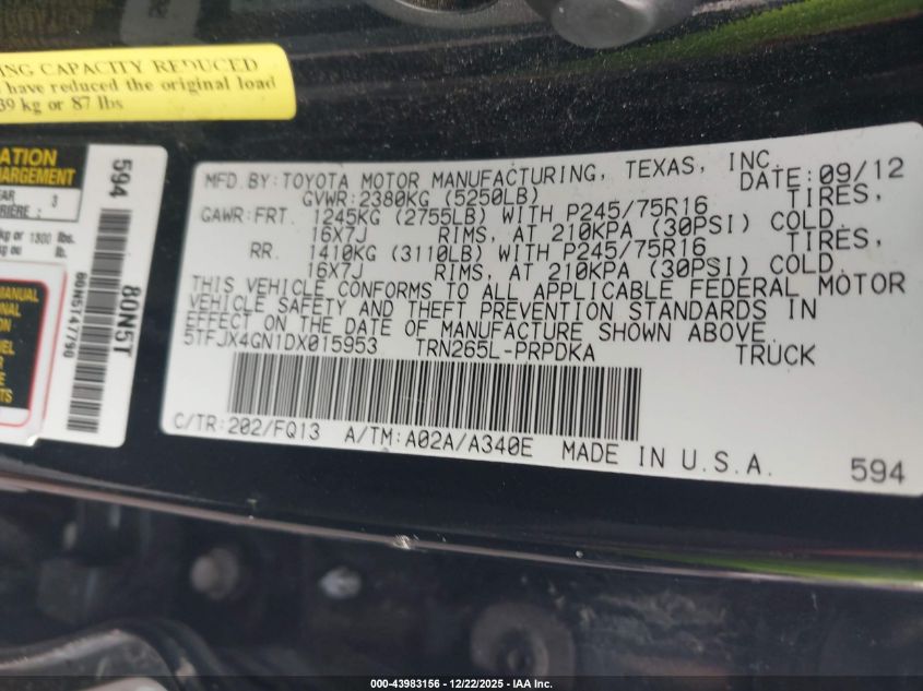 2013 Toyota Tacoma Prerunner VIN: 5TFJX4GN1DX015953 Lot: 43983156