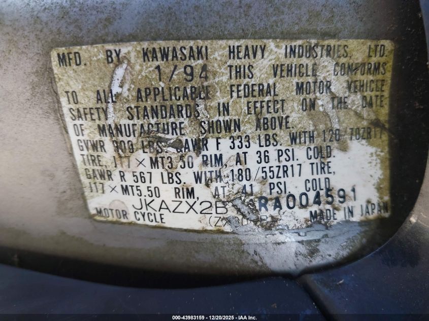 1994 Kawasaki Zx900 B VIN: JKAZX2B14RA004591 Lot: 43983159