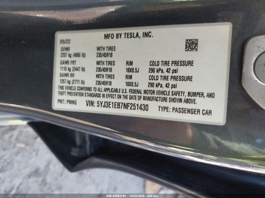 2022 Tesla Model 3 Long Range Dual Motor All-Wheel Drive VIN: 5YJ3E1EB7NF251430 Lot: 43983161