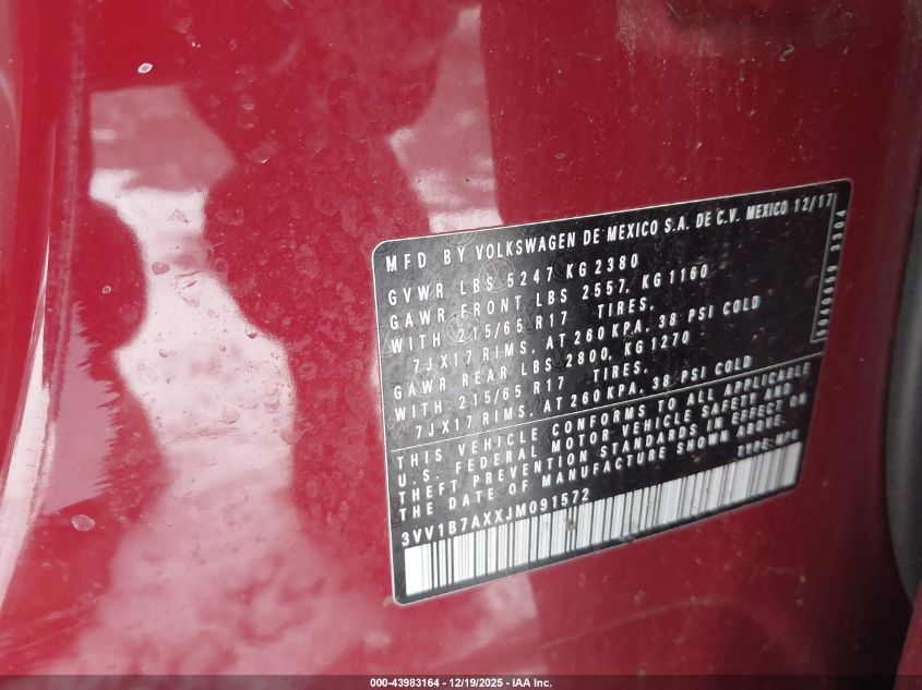 2018 Volkswagen Tiguan 2.0T S VIN: 3VV1B7AXXJM091572 Lot: 43983164