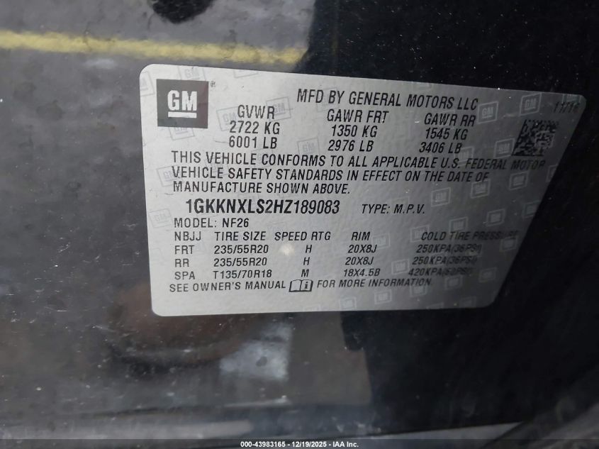 2017 GMC Acadia Denali VIN: 1GKKNXLS2HZ189083 Lot: 43983165