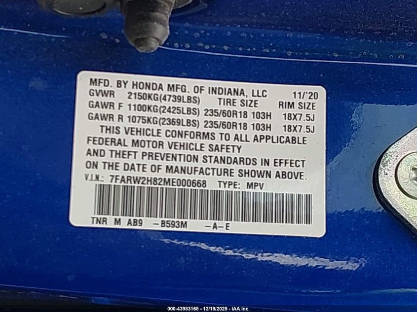 2021 Honda Cr-V Awd Ex-L VIN: 7FARW2H82ME000668 Lot: 43983168