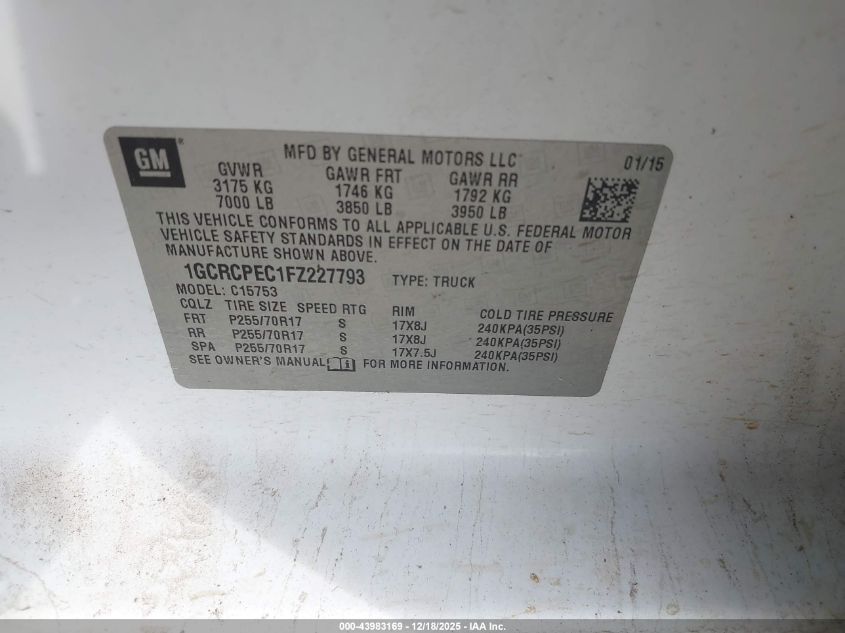 2015 Chevrolet Silverado 1500 Wt VIN: 1GCRCPEC1FZ227793 Lot: 43983169