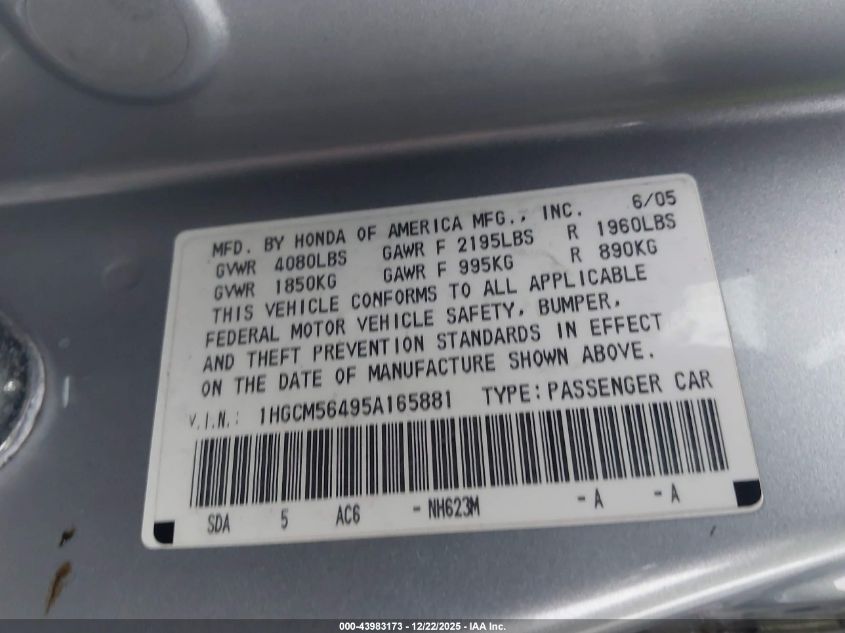 2005 Honda Accord 2.4 Lx VIN: 1HGCM56495A165881 Lot: 43983173