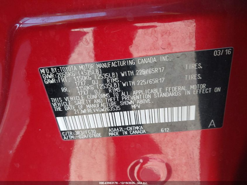 2016 Toyota Rav4 Xle VIN: 2T3WFREV4GW263535 Lot: 43983176