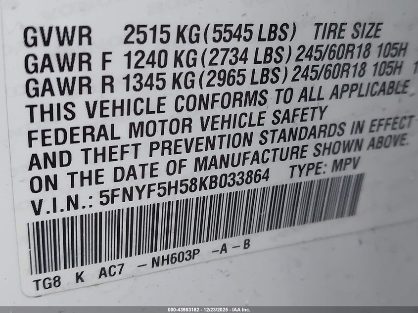 2019 HONDA PILOT SPORT UTILITY VEHICLE 3.5L V-6 DI, VVT, 280HP