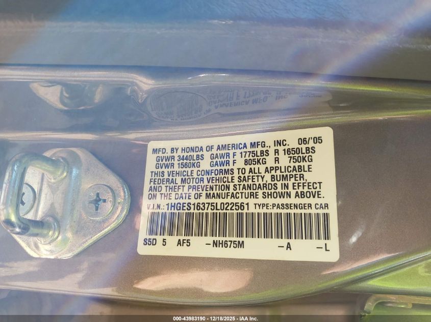 2005 Honda Civic Vp VIN: 1HGES16375L022561 Lot: 43983190