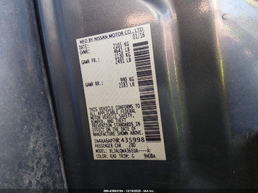 2016 Nissan Maxima 3.5 S VIN: 1N4AA6AP7GC435998 Lot: 43983194