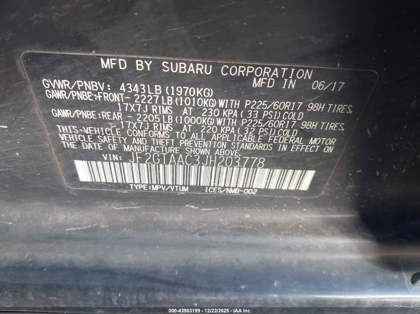 2018 Subaru Crosstrek 2.0I VIN: JF2GTAAC3JH203778 Lot: 43983199