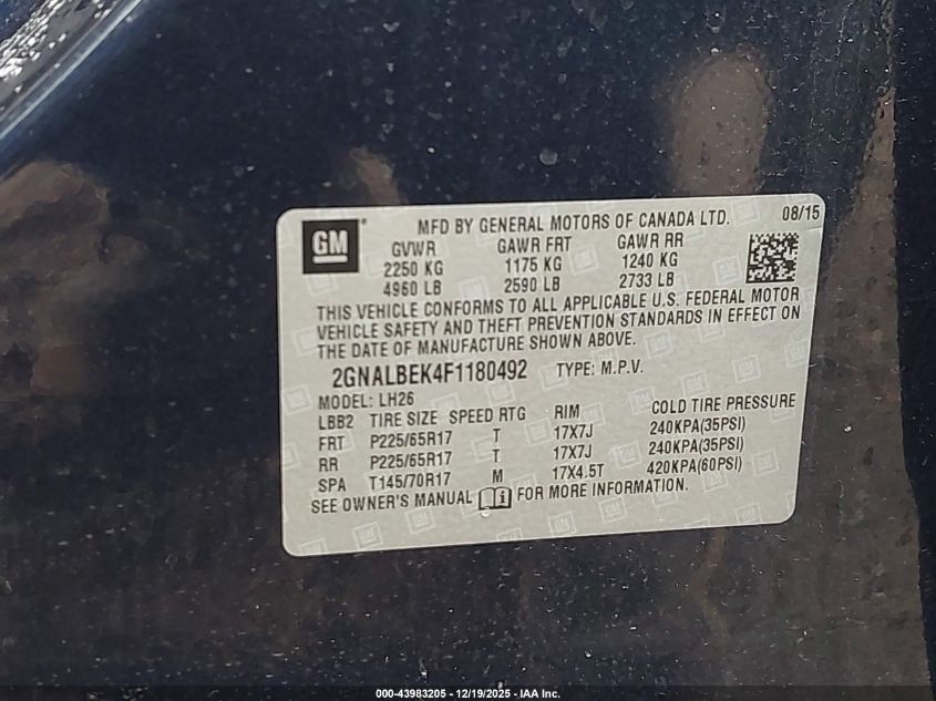 2015 Chevrolet Equinox 1Lt VIN: 2GNALBEK4F1180492 Lot: 43983205