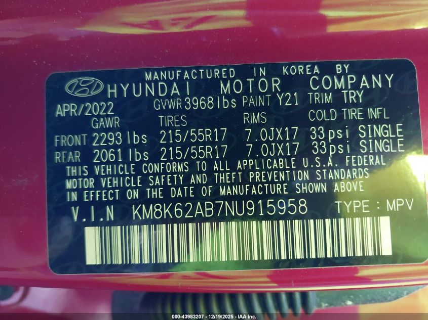 2022 Hyundai Kona Sel VIN: KM8K62AB7NU915958 Lot: 43983207