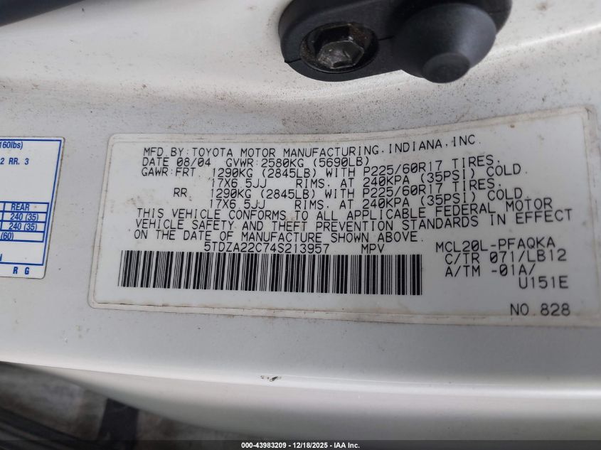 2004 Toyota Sienna Xle Limited VIN: 5TDZA22C74S213957 Lot: 43983209