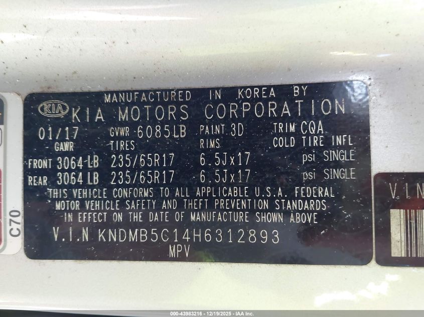 2017 Kia Sedona Lx VIN: KNDMB5C14H6312893 Lot: 43983216