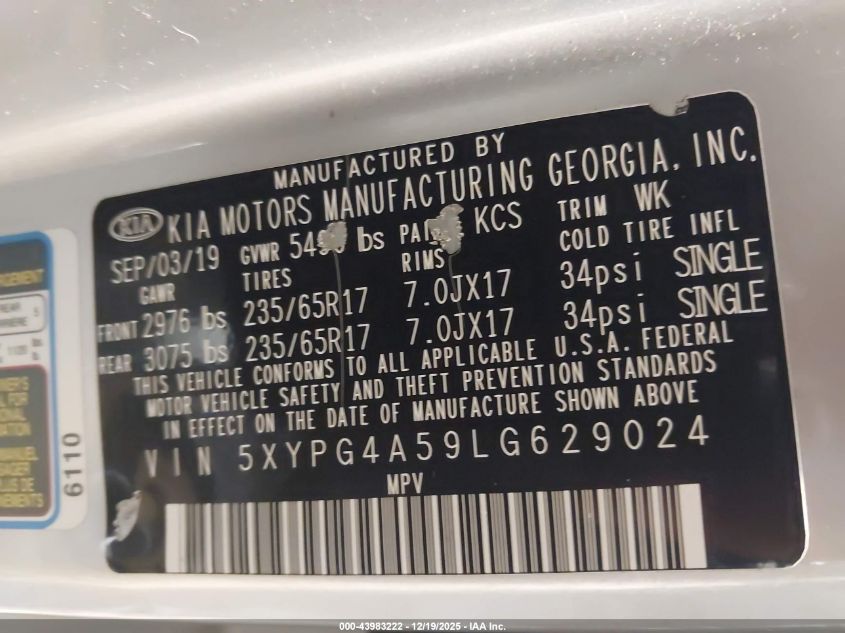 2020 Kia Sorento 3.3L Lx VIN: 5XYPG4A59LG629024 Lot: 43983222