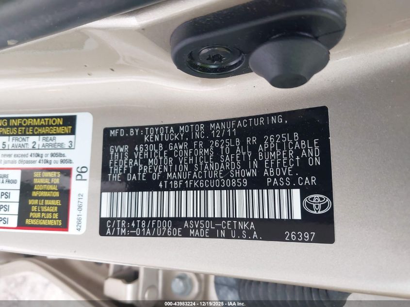 2012 Toyota Camry Le VIN: 4T1BF1FK6CU030859 Lot: 43983224