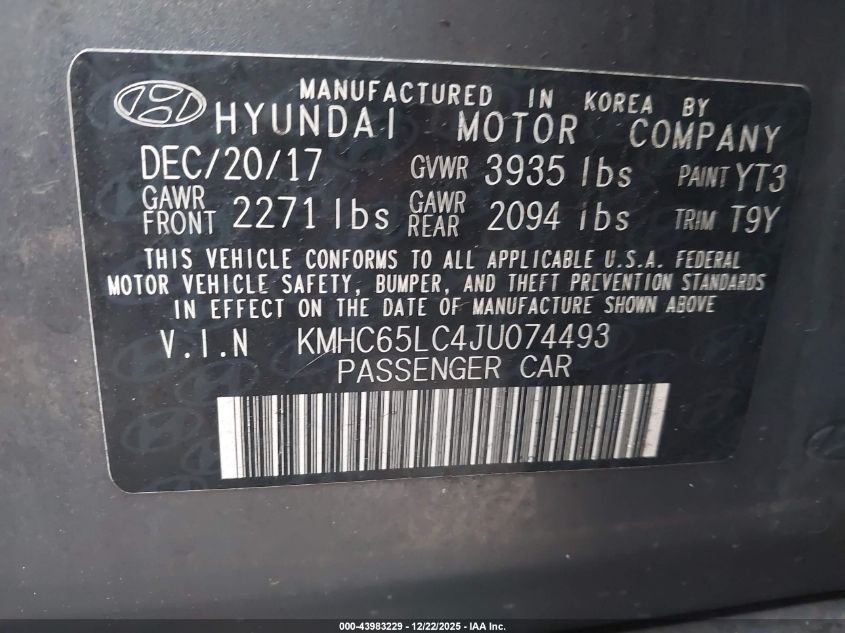 2018 Hyundai Ioniq Hybrid Blue VIN: KMHC65LC4JU074493 Lot: 43983229
