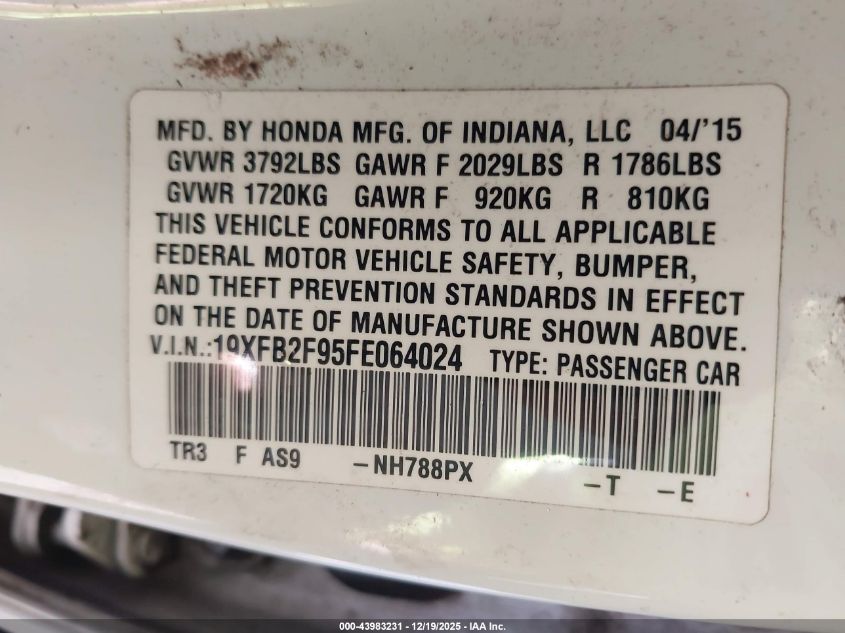 2015 Honda Civic Ex-L VIN: 19XFB2F95FE064024 Lot: 43983231