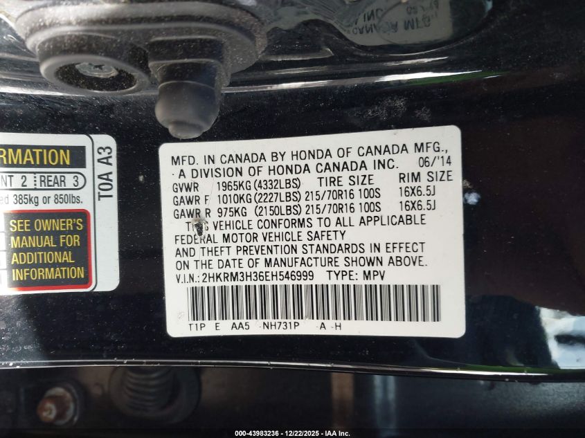 2014 Honda Cr-V Lx VIN: 2HKRM3H36EH546999 Lot: 43983236