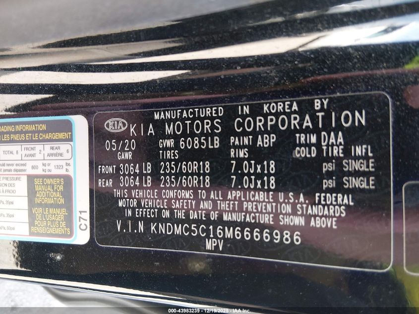 2021 Kia Sedona Ex VIN: KNDMC5C16M6666986 Lot: 43983239