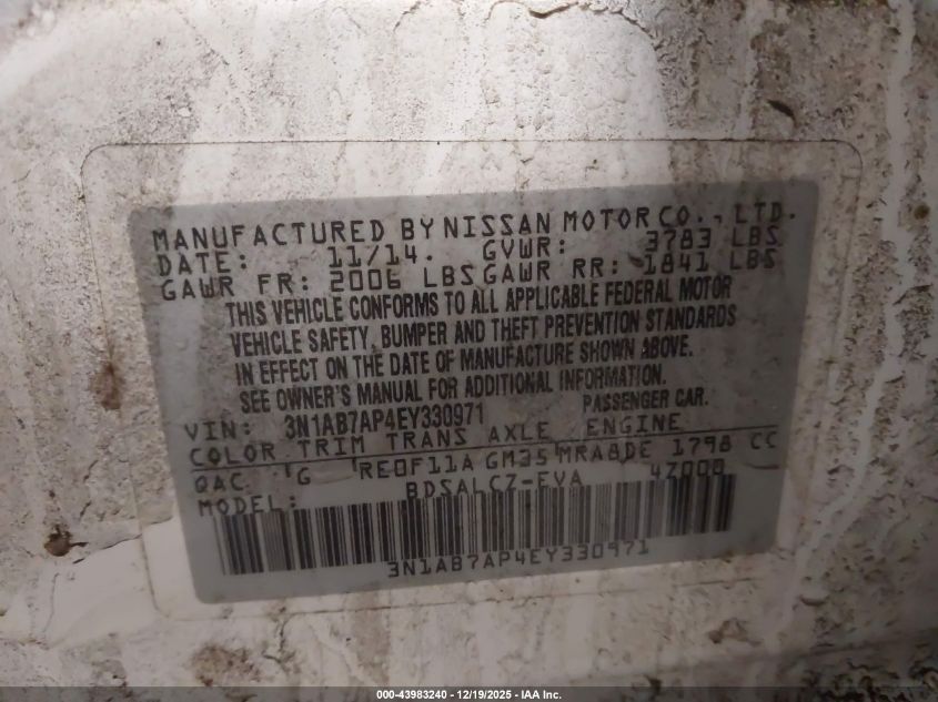 2014 Nissan Sentra S VIN: 3N1AB7AP4EY330971 Lot: 43983240