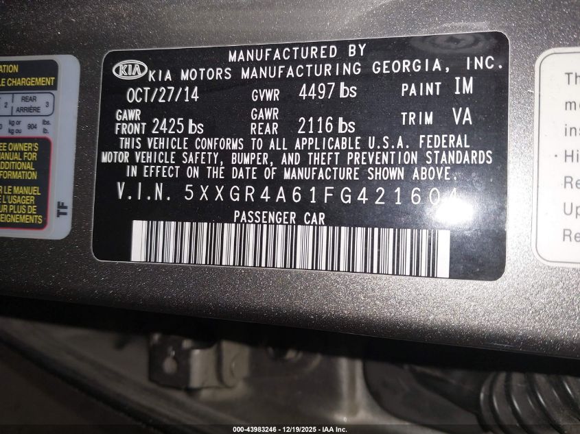 2015 Kia Optima Sxl Turbo VIN: 5XXGR4A61FG421604 Lot: 43983246