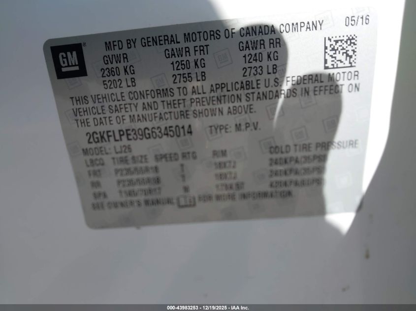 2016 GMC Terrain Slt VIN: 2GKFLPE39G6345014 Lot: 43983253