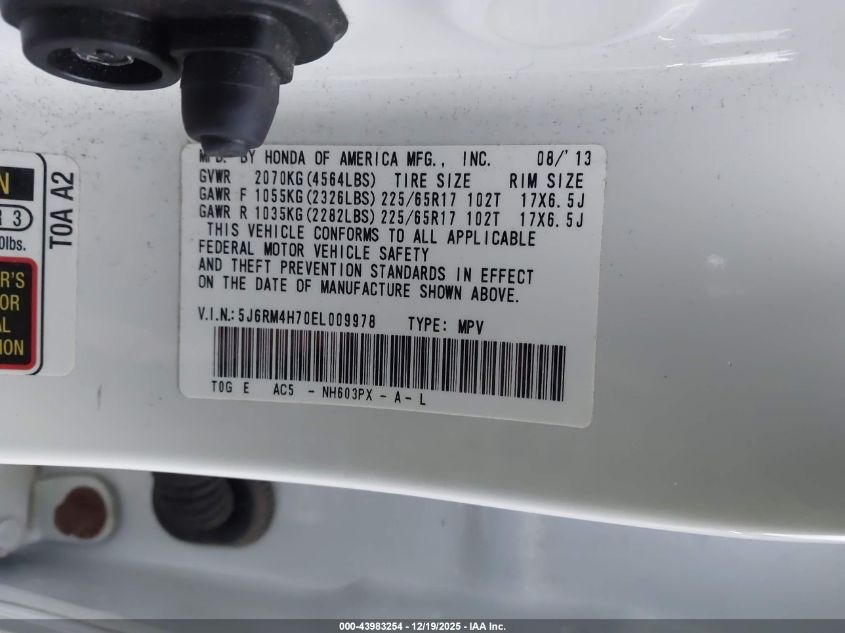 2014 Honda Cr-V Ex-L VIN: 5J6RM4H70EL009978 Lot: 43983254