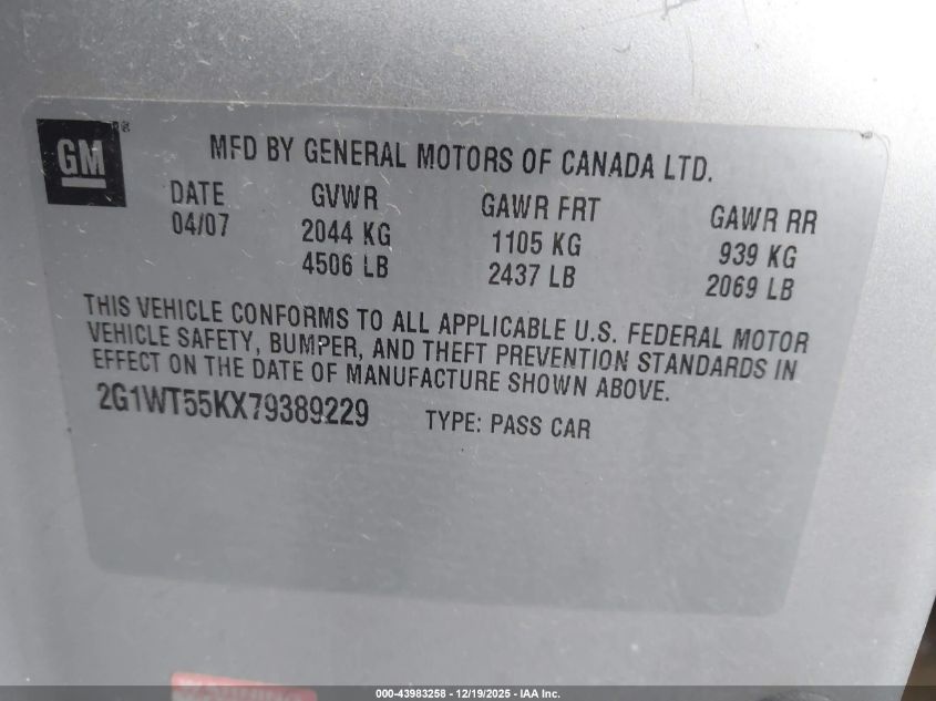 2007 Chevrolet Impala Lt VIN: 2G1WT55KX79389229 Lot: 43983258