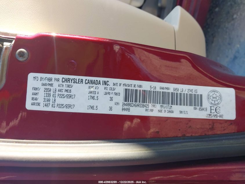 2010 Chrysler Town & Country Limited VIN: 2A4RR6DX6AR338429 Lot: 43983259