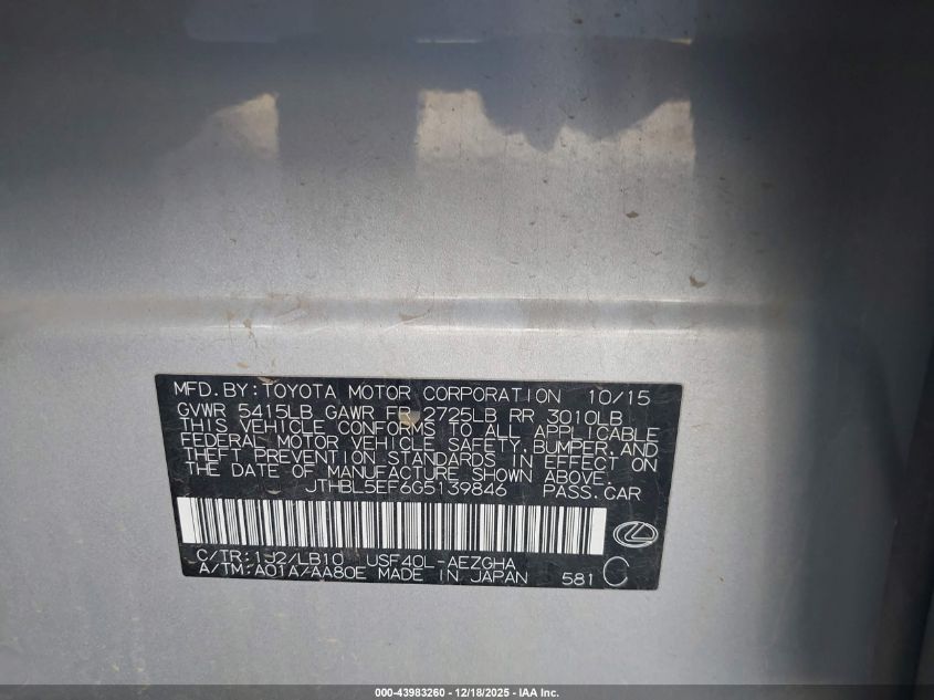 2016 Lexus Ls 460 VIN: JTHBL5EF6G5139846 Lot: 43983260