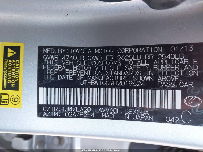 2013 Lexus Es 300H VIN: JTHBW1GG9D2019624 Lot: 43983266