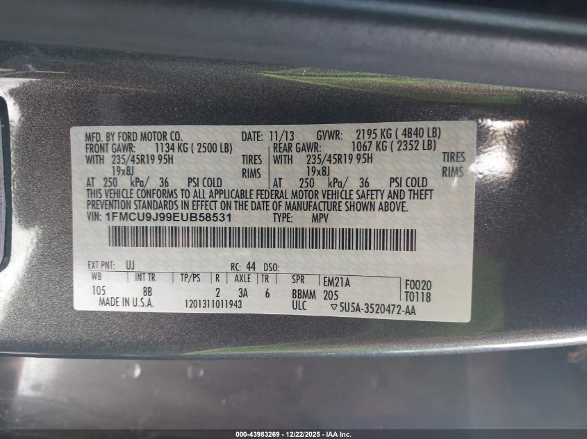 2014 Ford Escape Titanium VIN: 1FMCU9J99EUB58531 Lot: 43983269