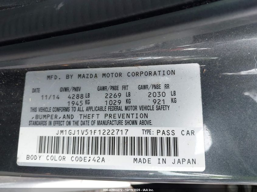 2015 Mazda Mazda6 I Touring VIN: JM1GJ1V51F1222717 Lot: 43983272