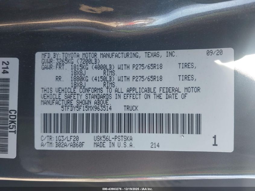 2021 Toyota Tundra Trd Pro VIN: 5TFDY5F15MX963514 Lot: 43983276