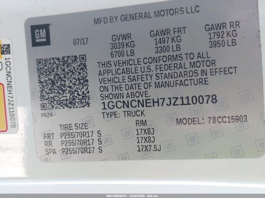 2018 Chevrolet Silverado 1500 Wt VIN: 1GCNCNEH7JZ110078 Lot: 43983278