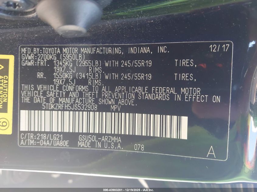 2018 Toyota Highlander Se VIN: 5TDKZRFH5JS532908 Lot: 43983281