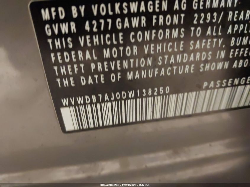 2013 Volkswagen Golf 2.5L 4-Door VIN: WVWDB7AJ0DW138250 Lot: 43983285