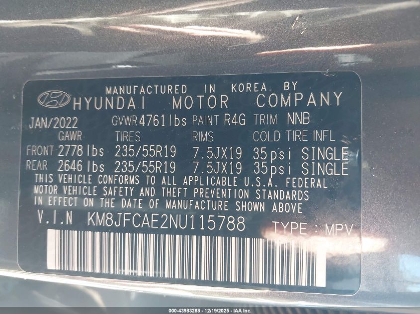 2022 Hyundai Tucson N Line VIN: KM8JFCAE2NU115788 Lot: 43983288