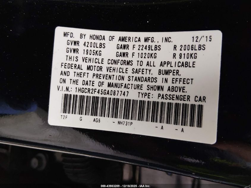 2016 Honda Accord Lx VIN: 1HGCR2F45GA087747 Lot: 43983289
