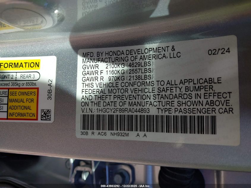 2024 Honda Accord Hybrid Touring VIN: 1HGCY2F89RA044893 Lot: 43983292