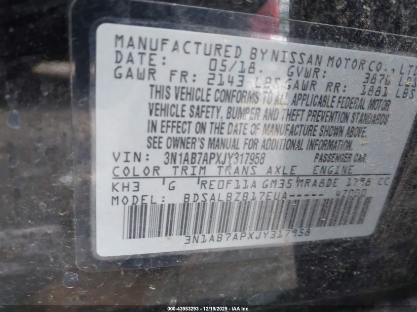 2018 Nissan Sentra S VIN: 3N1AB7APXJY317958 Lot: 43983293