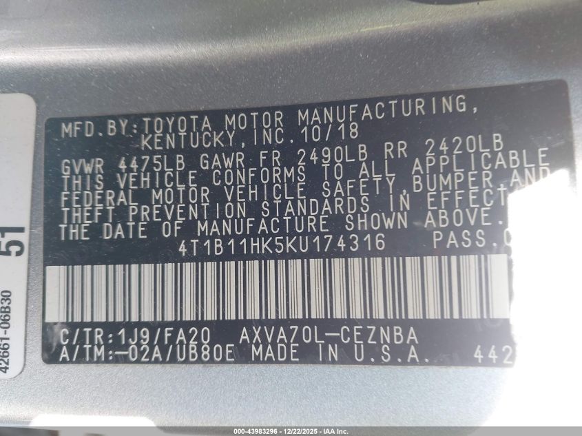 2019 Toyota Camry Le VIN: 4T1B11HK5KU174316 Lot: 43983296