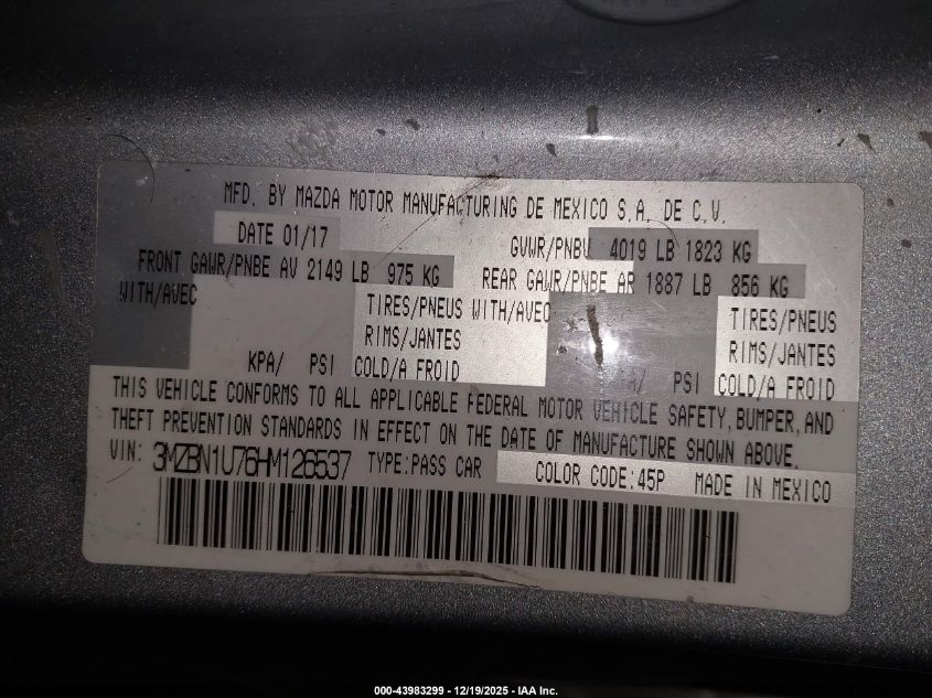 2017 Mazda Mazda3 Sport VIN: 3MZBN1U76HM126537 Lot: 43983299
