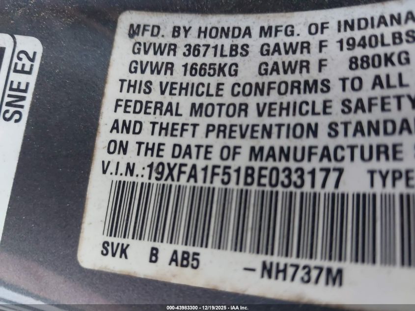 2011 Honda Civic Lx VIN: 19XFA1F51BE033177 Lot: 43983300