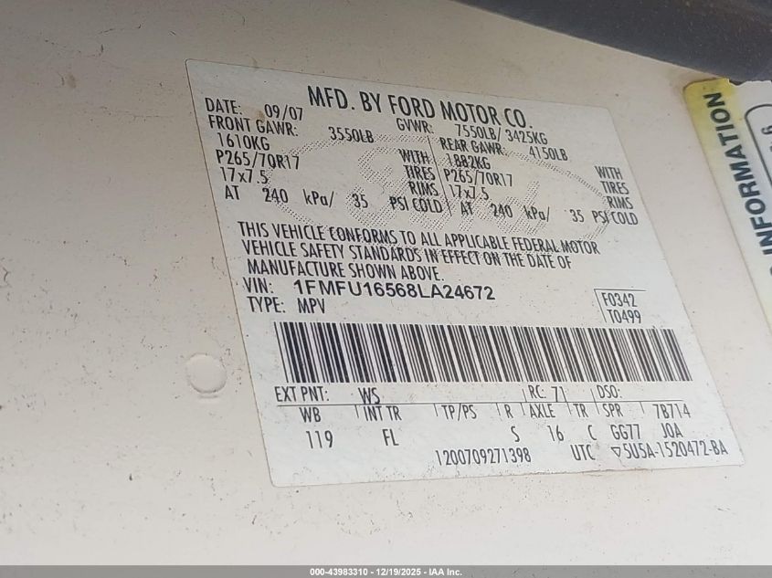 2008 Ford Expedition Xlt VIN: 1FMFU16568LA24672 Lot: 43983310