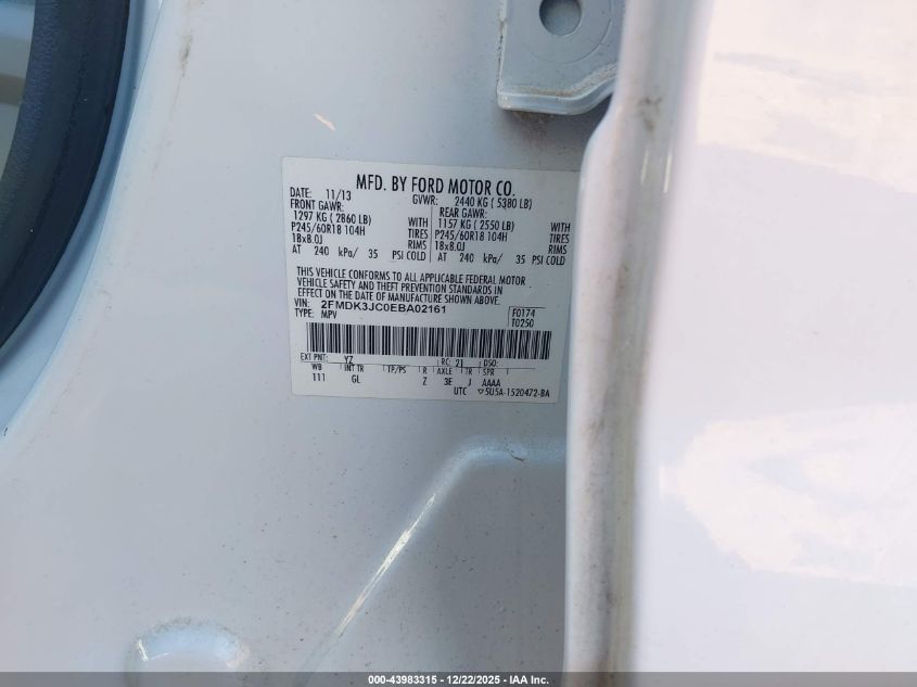 2014 Ford Edge Sel VIN: 2FMDK3JC0EBA02161 Lot: 43983315