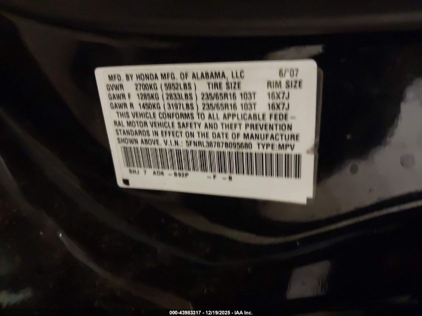 2007 Honda Odyssey Ex-L VIN: 5FNRL38787B095680 Lot: 43983317