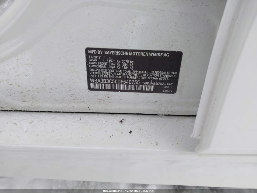 2013 BMW 328I xDrive VIN: WBA3B3C50DF540755 Lot: 43983318