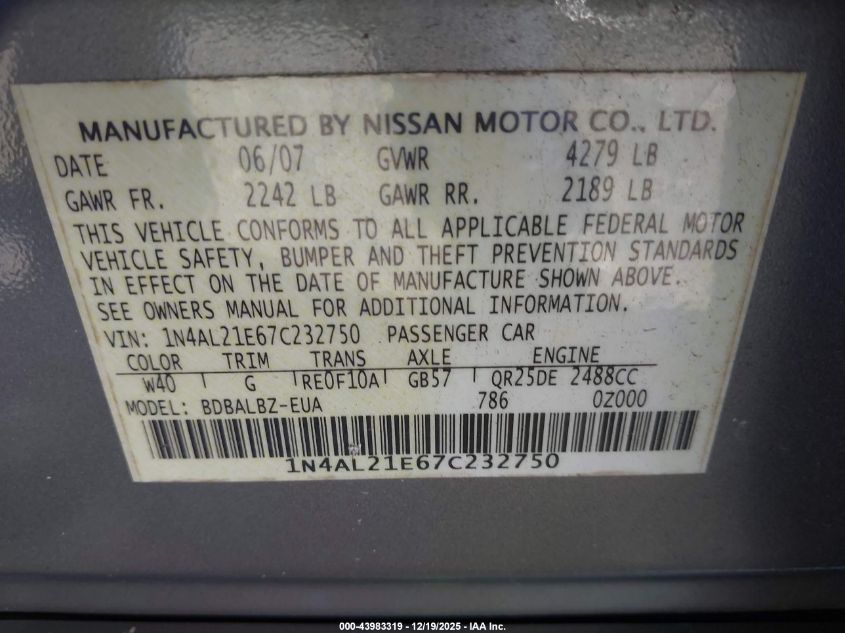 2007 Nissan Altima 2.5 S VIN: 1N4AL21E67C232750 Lot: 43983319